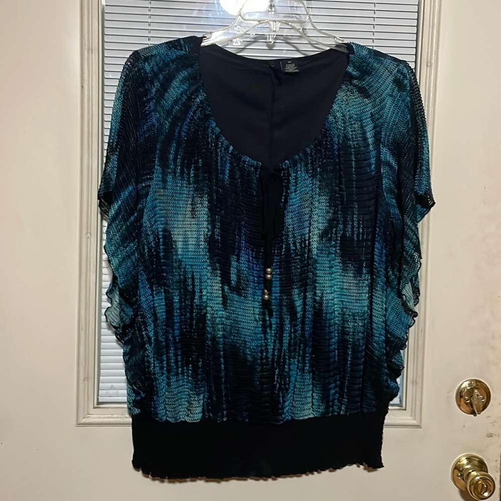 Teal blue / black top with tie around neckline